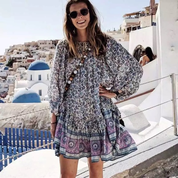 SOLD OUT Purple & Teal Gypsy Boho Festival Floral Dress - Picture 5 of 9